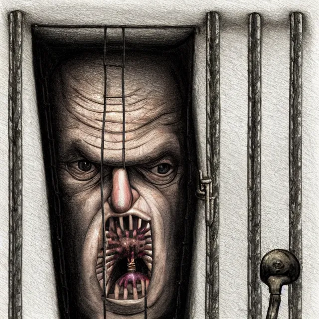 Image similar to prison cell behind bars of jail gediminas pranckevicius | close up portrait of a the trump behind jail bars in the sinister valley of despair, one mouth, one nose, two eyes, oil painting by tomasz jedruszek, cinematic lighting, pen and ink, intricate line, hd, 4 k, million of likes, trending on artstation