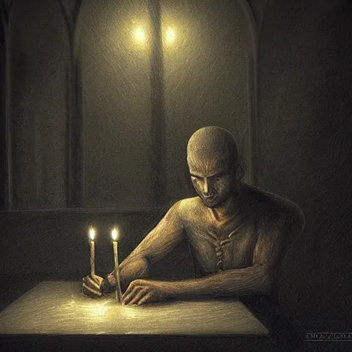 Image similar to A man sits in a dark and gloomy room, the only light is a flickering jittery candle, he writes by the candle in a journal, in a gothic and atmospheric style, artstation digital art, trending on artstation, artstationHQ, artstationHD.