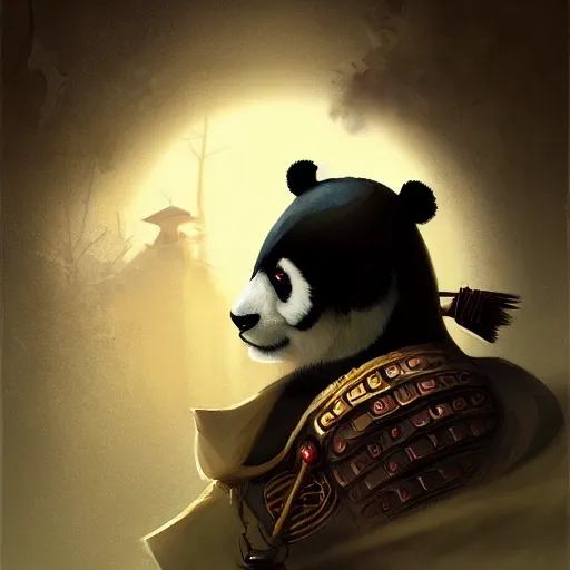 Image similar to panda as an samurai, backround dark, highly detailed, digital illustration, trending in artstation, modern painting, smooth, sharp focus, intricate, by peter mohrbacher