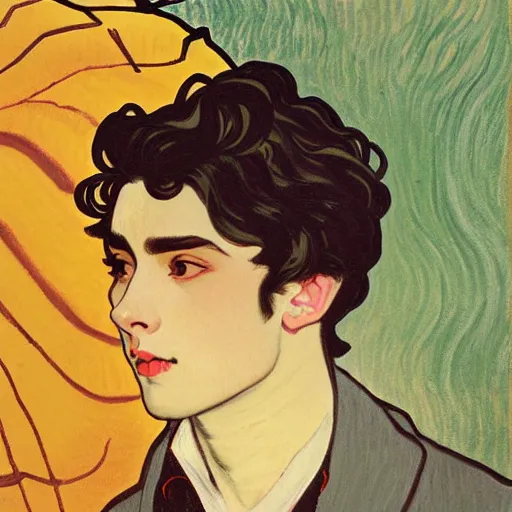 Prompt: painting of young cute handsome beautiful dark medium wavy hair man in his 2 0 s named shadow taehyung and cute handsome beautiful min - jun together at the halloween jack o lantern party, melancholy, autumn colors, elegant, painting, stylized, visible eyes, gorgeous eyes, soft facial features, delicate facial features, art by alphonse mucha, vincent van gogh, egon schiele
