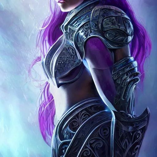 Image similar to perfectly centered portrait, front view of a beautiful woman in bionic amethyst armor, female, flowing purple hair, intense stare, stoic, symmetrical, concept art, intricate detail, volumetric shadows and lighting, realistic oil painting magic the gathering style,