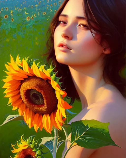 Prompt: stylized portrait of an artistic pose, composition, young lady sorrounded by nature, sunflowers, realistic shaded, fine details, realistic shaded lighting poster by ilya kuvshinov, magali villeneuve, artgerm, jeremy lipkin and michael garmash and rob rey