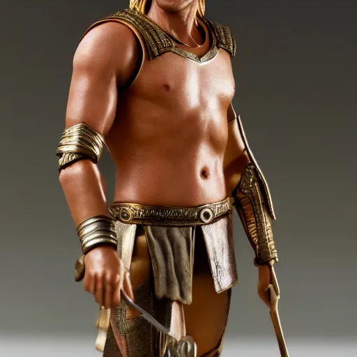 Prompt: action figure of brad pitt achilles in troy. advertising photograph, packaging, photographic, hyperreal, 3 5 mm