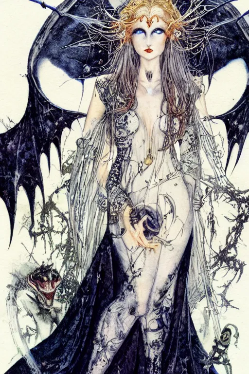 Image similar to dark vampire queen closeup face surrounded by bats, art by luis royo and walter crane and kay nielsen, watercolor illustration,