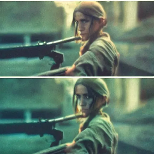 Image similar to film still, extreme far view, emma watson vietnam door gunner, film still from apocalypse now ( 1 9 7 9 ), 2 6 mm, kodak ektachrome, blue tint expired film,