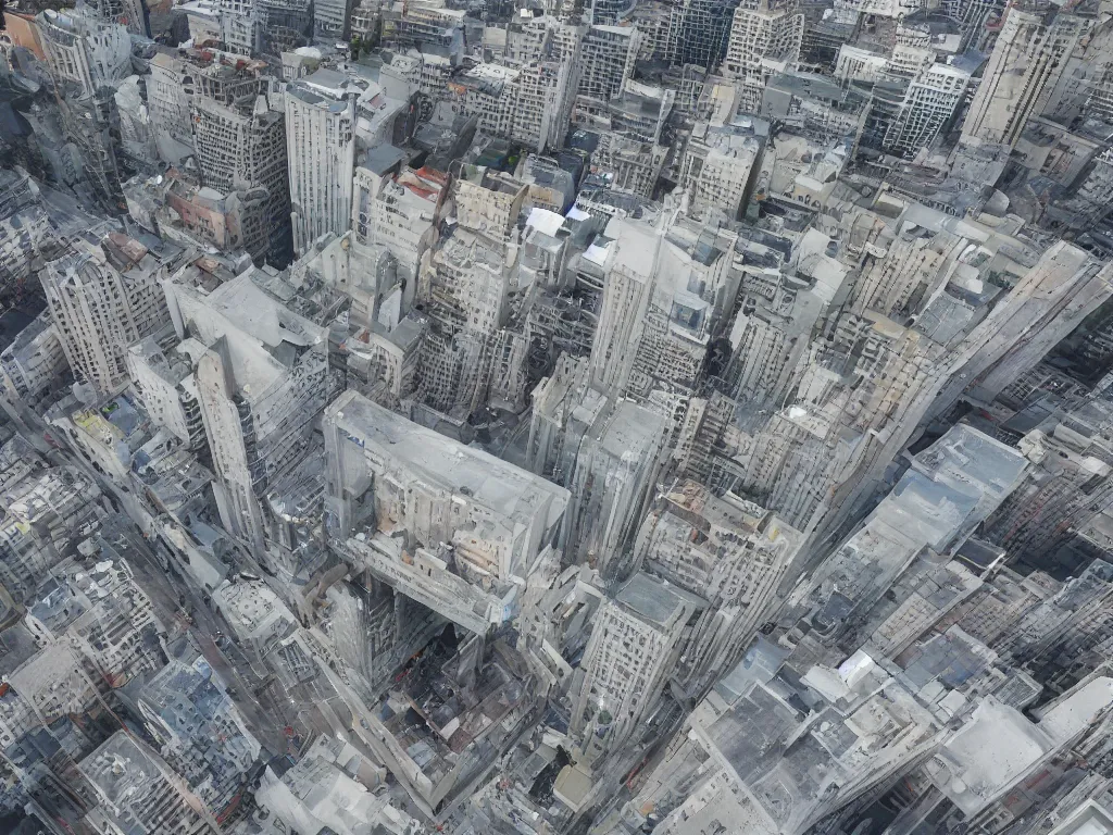 Prompt: drone view of a Brutalist concrete architecture, sharp focus, detailed architecture, telephoto lens, photorealism, digital art 4k