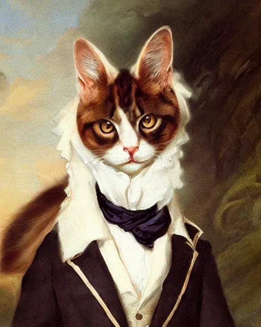 Image similar to cute brown cat with serious expression wearing regency era menswear in navy and white, thomas lawrence, greg rutkowski