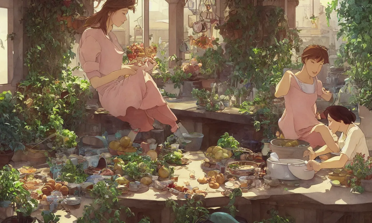 Prompt: a wholesome animation key shot of a woman peeling potatoes in a pot outside, studio ghibli, pixar and disney animation, sharp, disney concept art watercolor illustration by mandy jurgens and alphonse mucha and alena aenami, pastel color palette, dramatic lighting