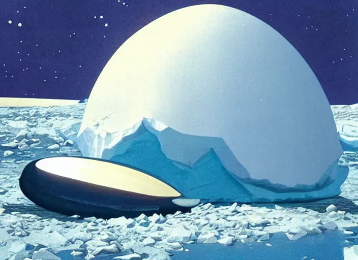 Prompt: a giant mega precious metals turtle egg sitting on an iceberg in Antarctica. -1 the night, cyberpunk art by Chesley Bonestell, cgsociety, retrofuturism, matte painting, reimagined by industrial light and magic