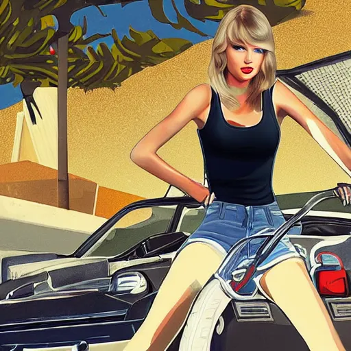 Image similar to Taylor Swift in GTA 5, cover art by Stephen Bliss