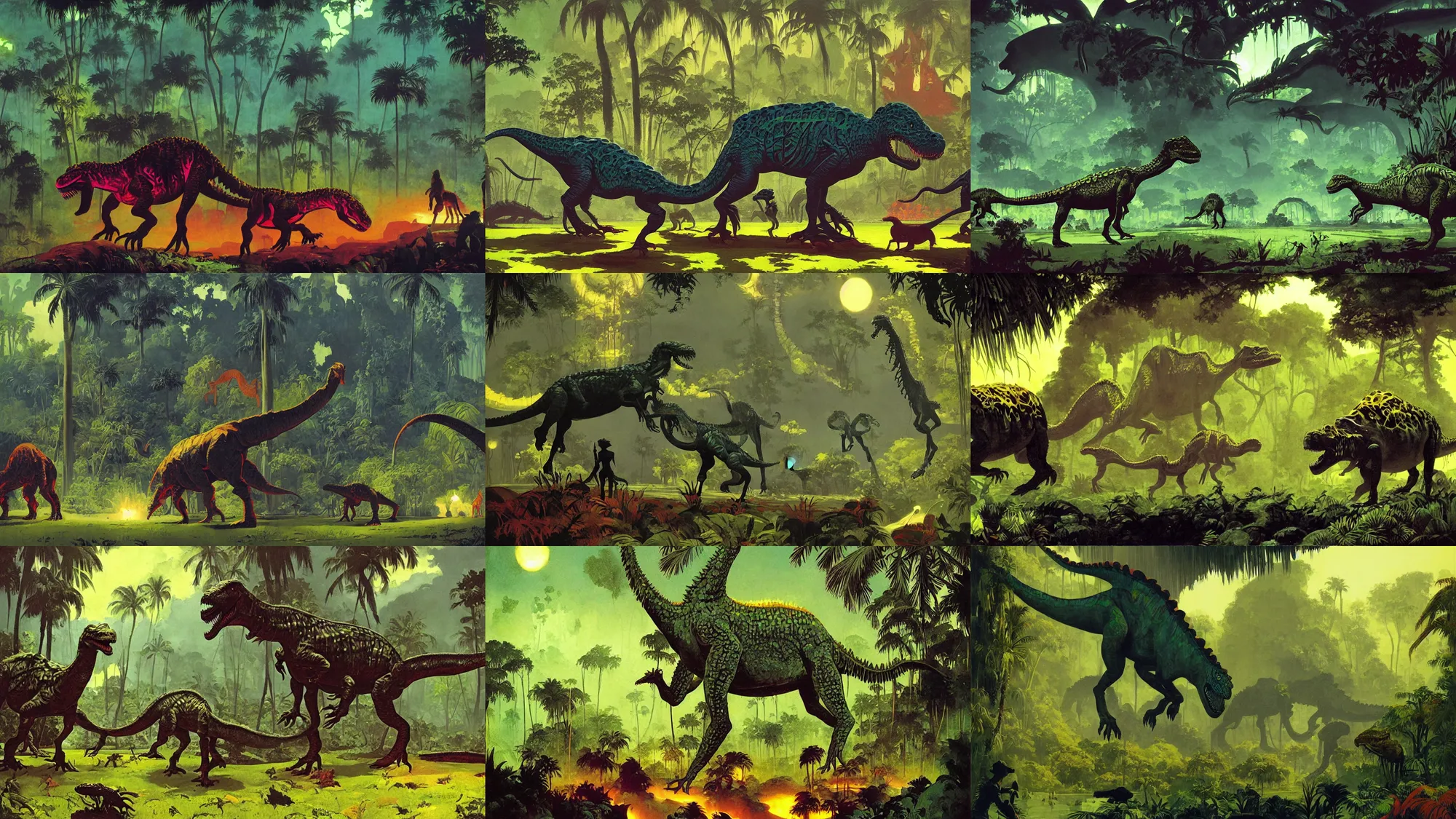 Prompt: neon glowing holographic dinosaurs, foggy jungle in the background, vibrant fantasy concept art by homer winslow