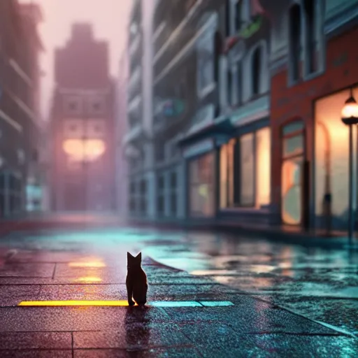 Image similar to kitten walks the empty street in a rainy day, led lights around the place, digital painting, ultra detailed, unreal engine 5,