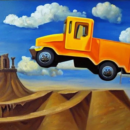 Prompt: an oil painting of a giant tonka truck, surrealism