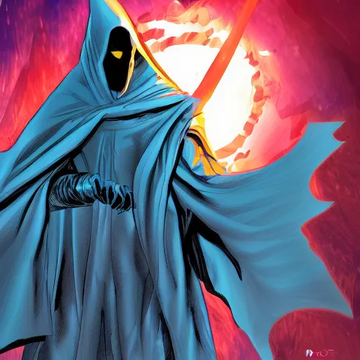 Prompt: A comic book cover page of a cloaked mage, digital art, comic book, detailed