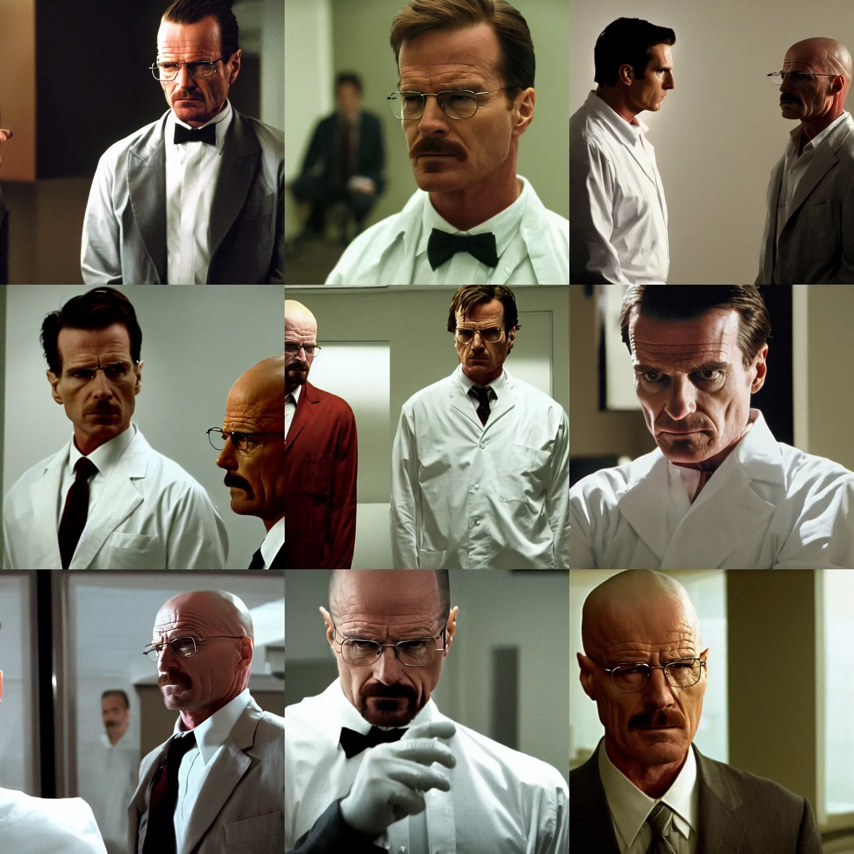 Prompt: patrick bateman staring down walter white intensely, still from breaking bad