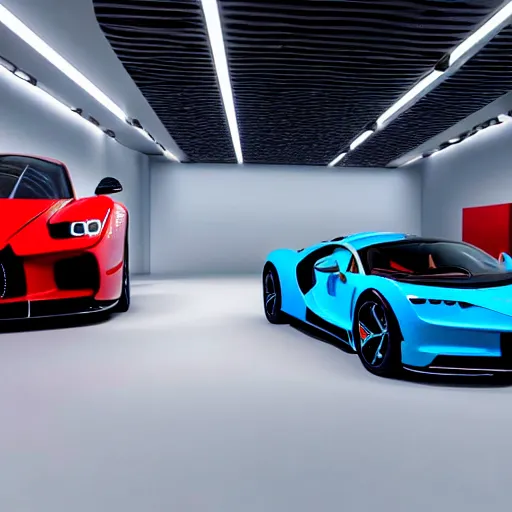 Prompt: still photo of bugatti chiron and ferrari laferrari hybrid, highly detailed, photorealistic portrait, bright studio setting, studio lighting, crisp quality and light reflections, unreal engine 5 quality render