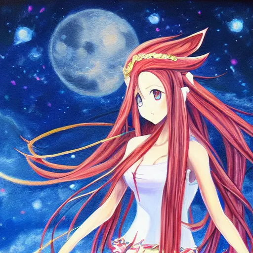 Image similar to oil painting of a long hair anime woman ELF dancing in the moonlight l Trending on Pixiv