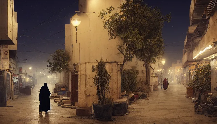 Prompt: old jeddah city street at night, roshan, shops, pharmacy, a nomad wearing a worn out coat, plants, tree, night, by caspar david friedrich by james gilleard and justin gerard, artstation, smooth, sharp focus, by jean baptiste, octane render