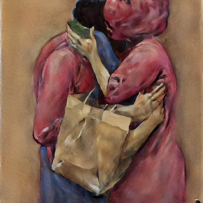 Image similar to two women hugging with a paper bag over the head, dressed in plastic bags, highly detailed, artstation, art by , edward hopper, zdislav beksinski, wayne barlowe