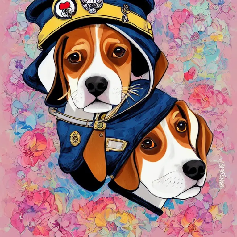 Prompt: a beagle puppy sleeping in a captains uniform by jeremiah ketner, Martine Johanna and Takashi Murakami, and Sandra Chevrier, digital art