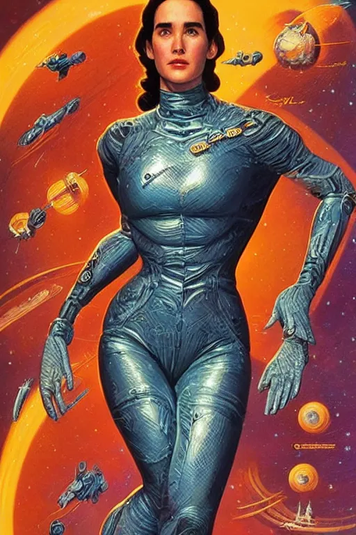 Prompt: young Jennifer Connelly as a stunning , beautiful retro SCI-FI space heroine 1985 , movie poster, intricate, elegant, highly detailed, centered, digital painting, trending on artstation, concept art, smooth, sharp focus, illustration, art by artgerm and donato giancola and Joseph Christian Leyendecker, Ross Tran, WLOP