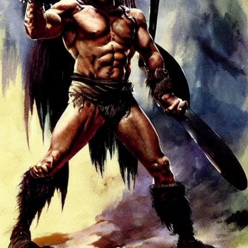 Image similar to full body portrait of walter white as conan the barbarian by frank frazetta