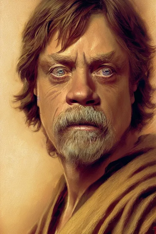 Image similar to detailed portrait of a mark hamill dressed as jedi, painting by gaston bussiere, craig mullins, j. c. leyendecker