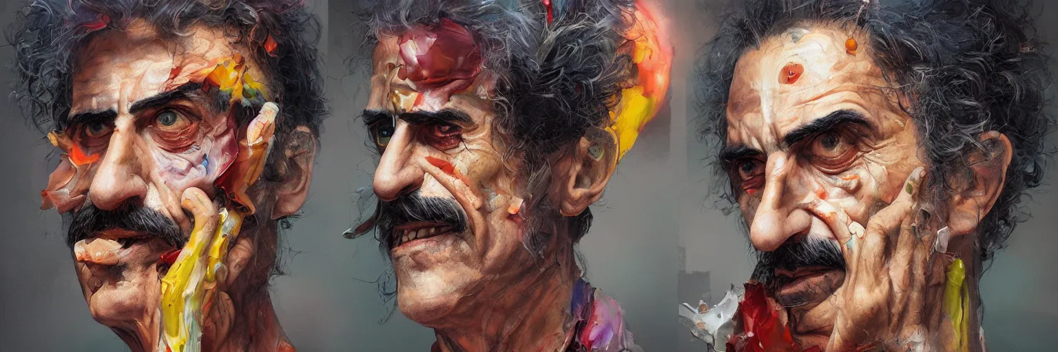 Image similar to colorful oil painting of character faces, realistic frank zappa turning into pizza, character sheet, fine details, concept design, contrast, kim jung gi, greg rutkowski and da vinci, 8 k, emotional, face turnaround 3 6 0, front view, back view, side view, ultra wide angle