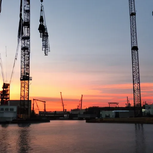 Image similar to The beauty of the sunset was obscured by the industrial cranes.