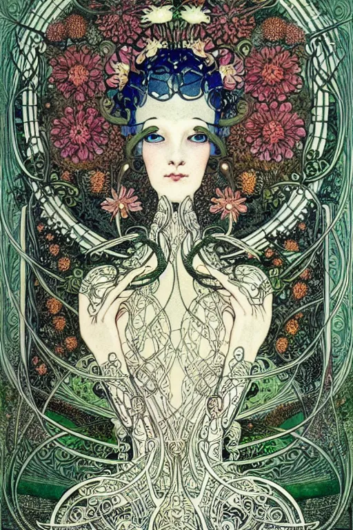 Image similar to centered detailed front view portrait of a beautiful female android with ornate flowers growing around, inside a vine frame ornamentation, flowers, elegant, dark and gothic, full frame, art by kay nielsen and walter crane, illustration style, watercolor