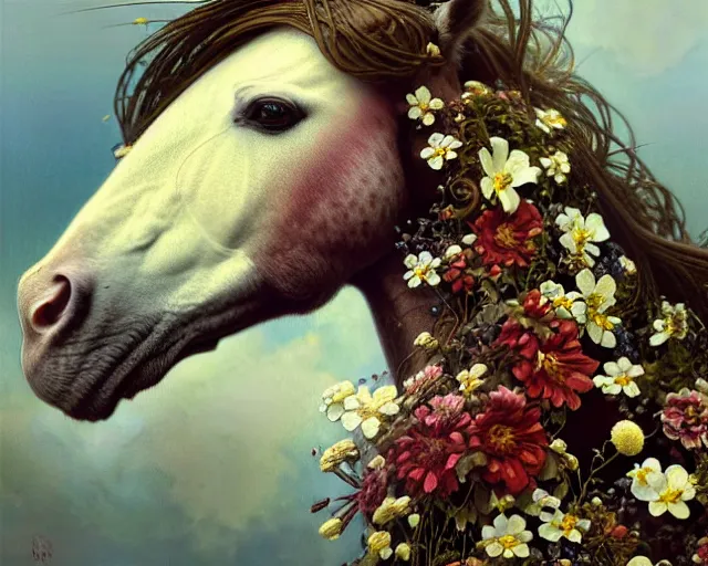 Image similar to side portrait of a horse which disintegrates into ornamental flowers and plants, uniquely beautiful animal, emotionally evoking symbolic metaphors, head in focus, heavily gothic ornamental, intricate, elegant, highly detailed photorealistic digital painting, artstation, concept art, painterly, golden ratio, sharp focus, illustration, art by greg rutkowski and alphonse mucha,