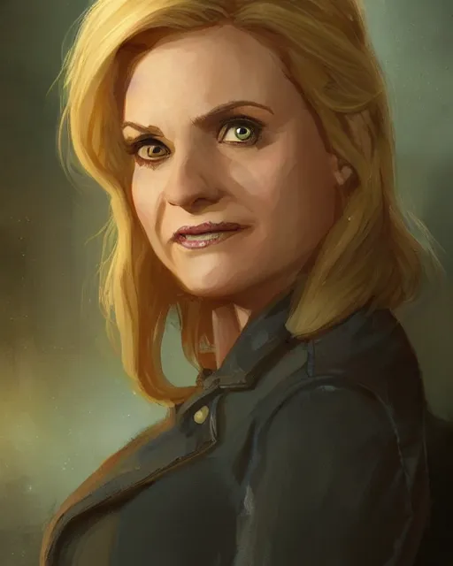 Prompt: beautiful portrait of Leslie Knope as Buffy the Vampire Slayer by Greg Rutkowski