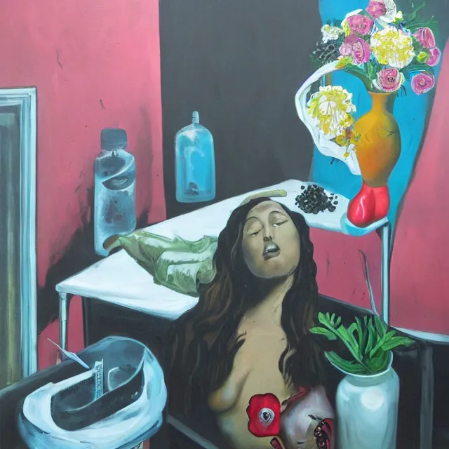 Image similar to empty room with black walls, sensual portrait of a female pathologist, octopus mural, spilled vase of flowers and water, squashed berries, neo - expressionism, surrealism, acrylic and spray paint and oilstick on canvas