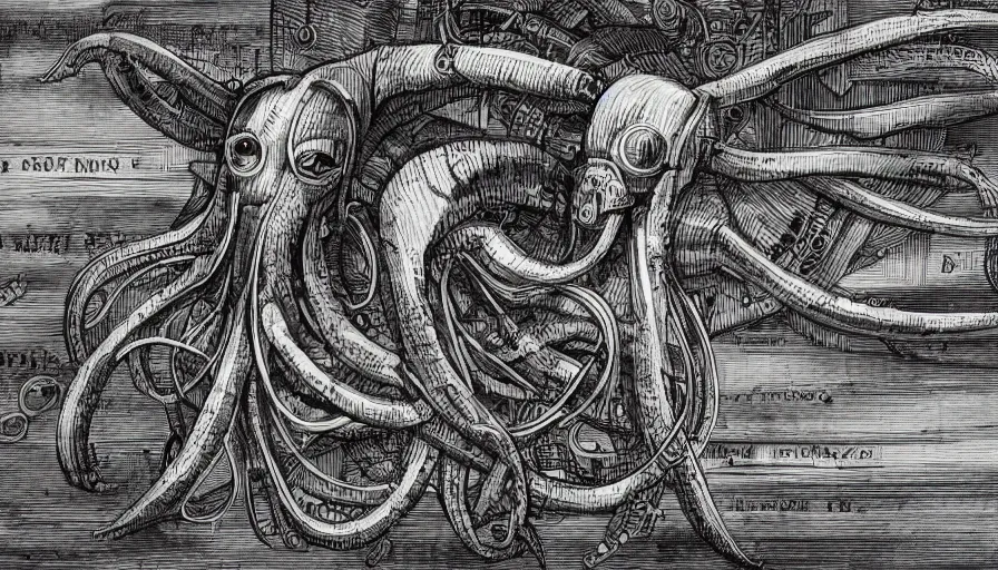 Prompt: encyclopedia drawing of a cyberpunk squid, manuscript, detailed