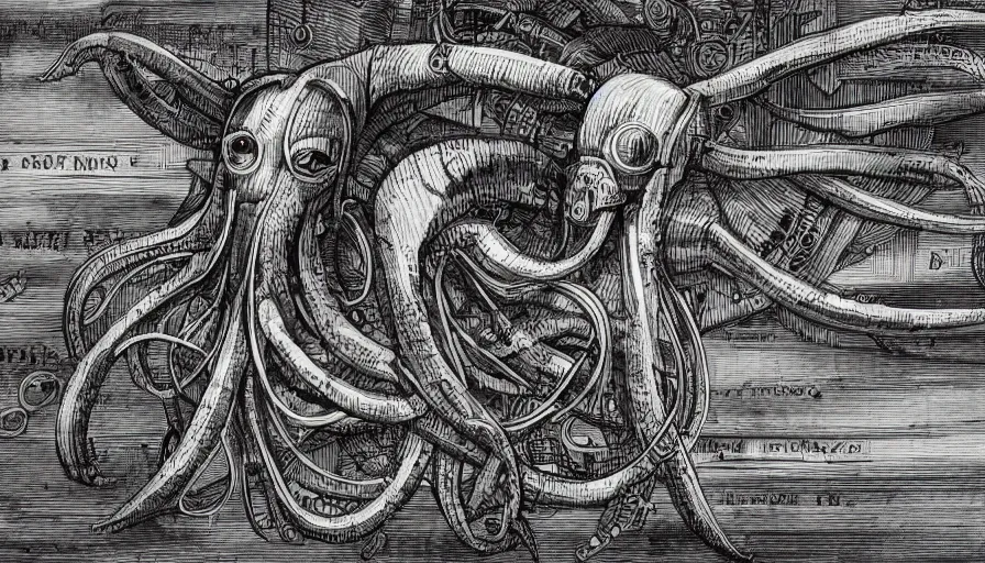 Image similar to encyclopedia drawing of a cyberpunk squid, manuscript, detailed