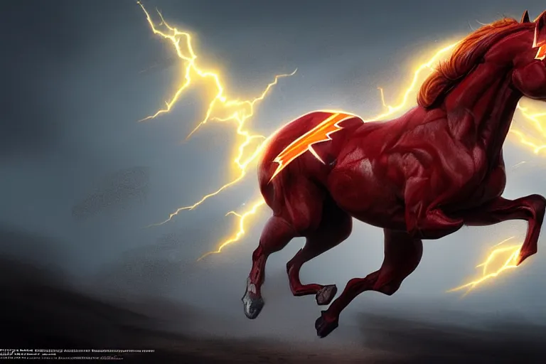 Image similar to a stunning digital painting of a horse as the flash in spandex costume, running in the speedforce by greg rutkowski, volumetric light, digital art, fine detail, photorealistic