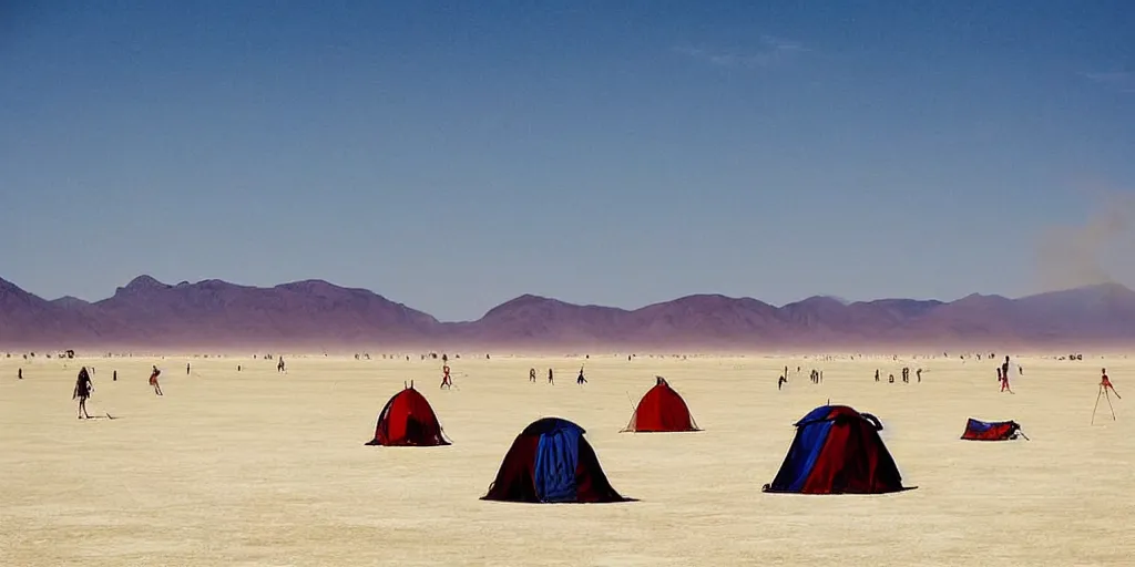 Prompt: of a photography of Burning Man Festival, with blue light dark blue sky, long cloths red like silk, ants are big and they shine on the sunlight, there are sand mountains on the background, a very small oasis on the far distant background along with some watch towers, ants are perfect symmetric insects, man is with black skin, the man have a backpack, the man stands out on the image, the ants make a line on the dunes, the sun up on the sky is strong, the sky is blue and there are some clouds, its like a caravan of a man guiding many ants on the dunes of the desert, colors are strong but calm, volumetric, detailed objects, Arabica style, wide view, 14mm,