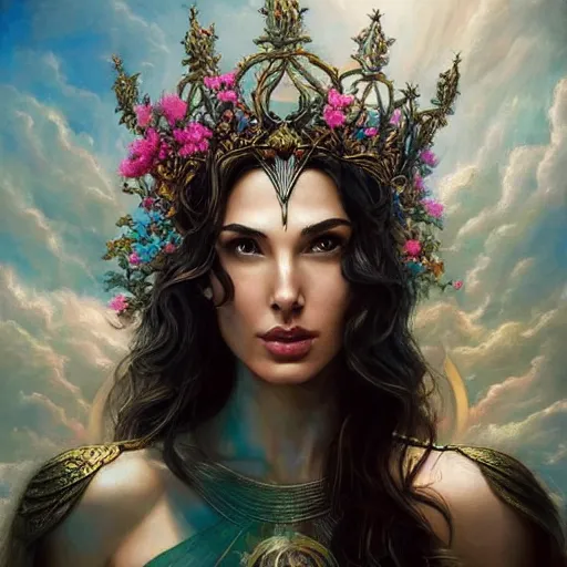 Prompt: fine art photo of the beauty goddess gal gadot, she has a crown of mesmerizing flowers, she is arriving heaven, background full of stormy clouds, by peter mohrbacher, long shot