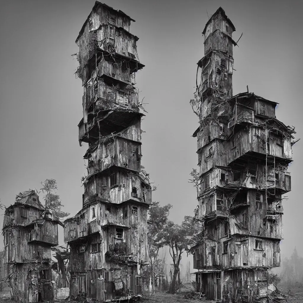 Image similar to two towers, made up of makeshift squatter shacks, misty, dystopia, mamiya rb 6 7, fully frontal view, very detailed, digital glitches, photographed by ansel adams