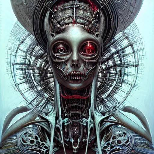 Image similar to a portrait of a beautiful biomechanical goddess of death, horror concept art by giger and beksinski and szukalski and wlop and pete mohrbacher, digital art, highly detailed, intricate, sci-fi, sharp focus, Trending on Artstation HQ, deviantart, unreal engine 5, 4K UHD image