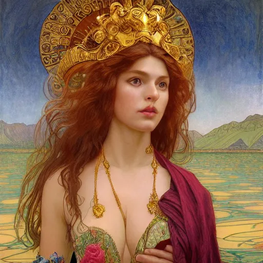 Image similar to an portrait of a beautiful alluring female goddess, detailed, centered, digital painting, artstation, concept art, donato giancola, Dante Gabriel Rossetti, alphonse mucha, Joseph Christian Leyendecker, WLOP, Boris Vallejo, Annie Leibovitz and Steve McCurry, David Lazar, Jimmy Nelsson, Breathtaking, 8k resolution, extremely detailed, beautiful, establishing shot, artistic, hyperrealistic, beautiful face, octane render