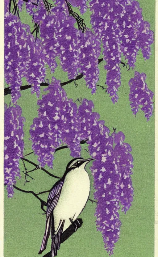 Prompt: by akio watanabe, manga art, night moon, cuckoo bird on wisteria branch, trading card front
