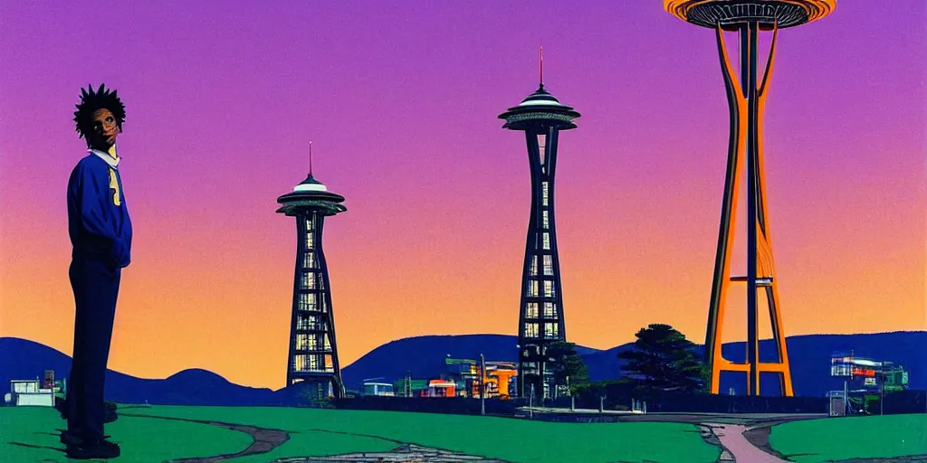 Image similar to playboi carti posing in front of the space needle, acid and dreaming psychedelic hallucinations, by kawase hasui, moebius and edward hopper, colorful flat surreal design, hd, 8 k, artstation