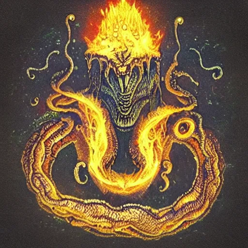 Image similar to “a terrifying lovecraftian cosmic god with dark yellow magic fire”