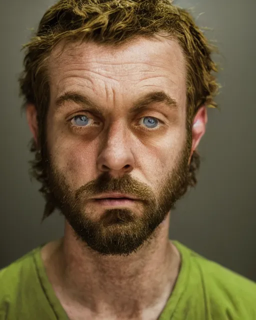 Image similar to closeup prison mugshot of shaggy, dramatic lighting, dirty green clothes, neck shackle, low saturation, somber expression, beardless, smooth face, soft vignette, soft focus, 5 0 mm, 4 k, scooby doo screenshot, photograph by annie leibovitz