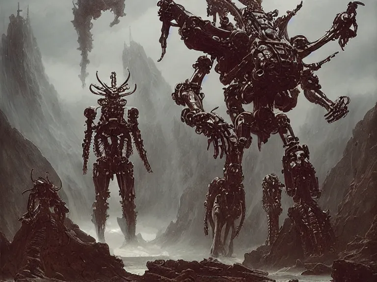 Image similar to still frame from Prometheus by Jakub Rozalski and utagawa kuniyoshi, infinite Hell Scape with gigantic mecha demon and ornate bone cyborgs by Wayne Barlowe by peter Mohrbacher by Giger, dressed by Alexander McQueen and by Neri Oxman, metal couture hate couture editorial