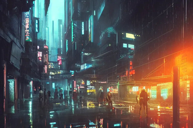 Prompt: a brutalist cyberpunk city street at night, raily season, very wet, neon lights and adds, architecture, a realistic digital painting by greg rutkowski and james gurney, trending on artstation, very highly detailed, 8 k