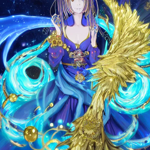 Prompt: portrait from an anime of an ethereal colorful blue starry fox peacock spirit character accented in gold, golden fangs, wearing star filled magic imbued mage robes, wearing lots of gold jewelry and gems, set in observatory at night, art by yuji ikehata, background art by miyazaki, realism, detailed, proper human proportions, fully clothed