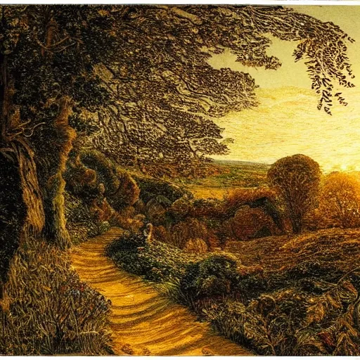 Image similar to a beautiful country path, golden light , sense of awe, in the style of Samuel Palmer