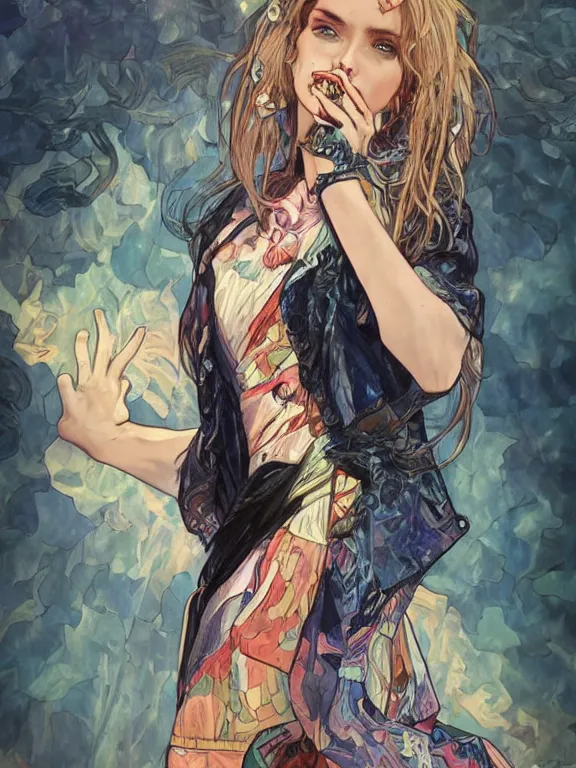 Image similar to digital illustration of a girl with eyes that burn like cigarettes wearing a short skirt and a long jacket with fingernails that shine like justice, dramatic lighting, photorealistic, extreme detail, 4 k, colorful, artgerm and alphonse mucha, watercolor